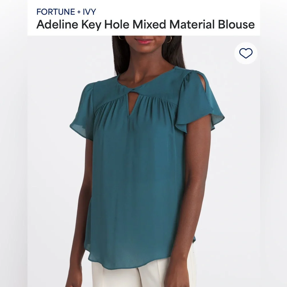 FORTUNE + IVY Adeline Key Hole Mixed Material Blouse blue women’s XL stitch fix - Picture 3 of 12